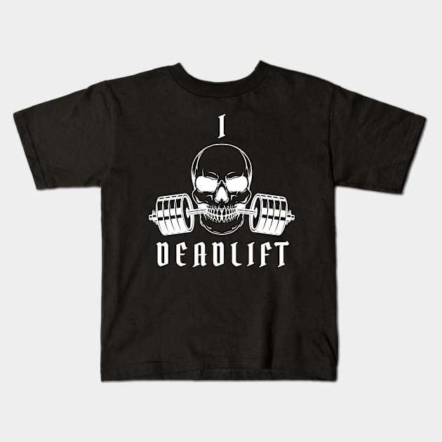 I Deadlift Gym Skull Holding Barbell Kids T-Shirt by Claudia Williams Apparel